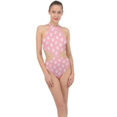 Animal Cat Dog Prints Pattern Pink White Halter Side Cut Swimsuit by SpinnyChairDesigns