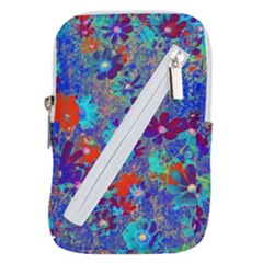 Cosmos Flowers Blue Red Belt Pouch Bag (large) by DinkovaArt