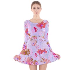 Cosmos Flowers Pink Long Sleeve Velvet Skater Dress by DinkovaArt