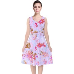 Cosmos Flowers Pink V-neck Midi Sleeveless Dress  by DinkovaArt