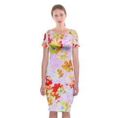 Cosmos Flowers Orange Classic Short Sleeve Midi Dress by DinkovaArt