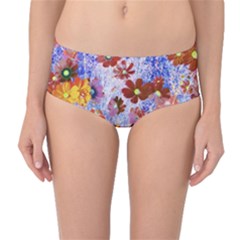 Cosmos Flowers Brown Mid-waist Bikini Bottoms by DinkovaArt