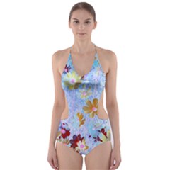 Cosmos Flowers Ligh Blue Cut-out One Piece Swimsuit