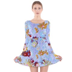 Cosmos Flowers Ligh Blue Long Sleeve Velvet Skater Dress by DinkovaArt