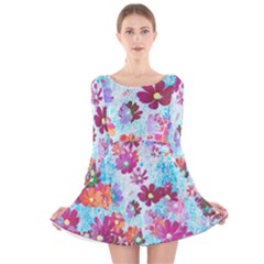 Cosmos Flowers Long Sleeve Velvet Skater Dress by DinkovaArt