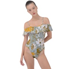 Cosmos Flowers Sepia Color Frill Detail One Piece Swimsuit by DinkovaArt