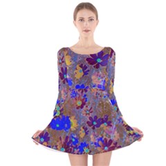 Cosmos Flowers Brown Blue Long Sleeve Velvet Skater Dress by DinkovaArt