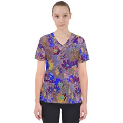 Cosmos Flowers Brown Blue Women s V-neck Scrub Top by DinkovaArt