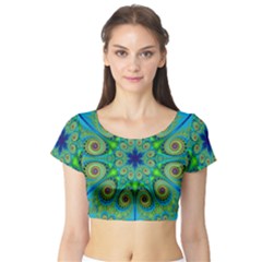 Peacock Mandala Kaleidoscope Arabesque Pattern Short Sleeve Crop Top by SpinnyChairDesigns