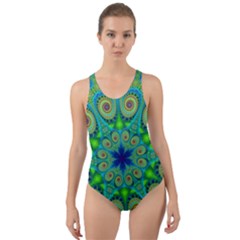 Peacock Mandala Kaleidoscope Arabesque Pattern Cut-out Back One Piece Swimsuit by SpinnyChairDesigns