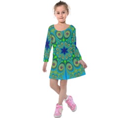 Peacock Mandala Kaleidoscope Arabesque Pattern Kids  Long Sleeve Velvet Dress