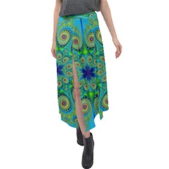 Peacock Mandala Kaleidoscope Arabesque Pattern Velour Split Maxi Skirt by SpinnyChairDesigns