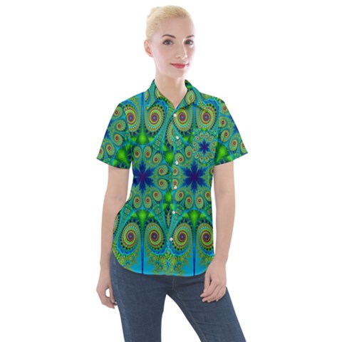 Peacock Mandala Kaleidoscope Arabesque Pattern Women s Short Sleeve Pocket Shirt by SpinnyChairDesigns