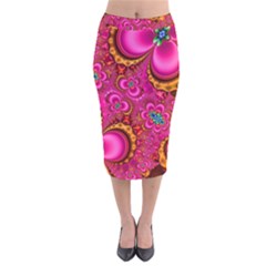 Abstract Pink Gold Floral Print Pattern Velvet Midi Pencil Skirt by SpinnyChairDesigns