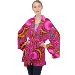 Abstract Pink Gold Floral Print Pattern Long Sleeve Velvet Kimono  by SpinnyChairDesigns