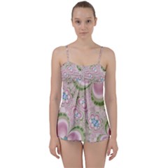 Pastel Pink Abstract Floral Print Pattern Babydoll Tankini Set