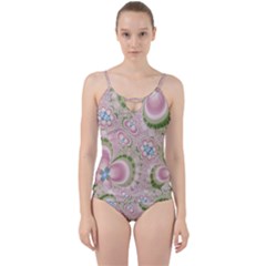 Pastel Pink Abstract Floral Print Pattern Cut Out Top Tankini Set