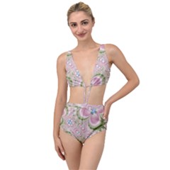 Pastel Pink Abstract Floral Print Pattern Tied Up Two Piece Swimsuit