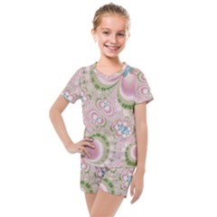 Pastel Pink Abstract Floral Print Pattern Kids  Mesh Tee And Shorts Set