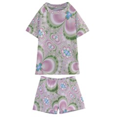 Pastel Pink Abstract Floral Print Pattern Kids  Swim Tee And Shorts Set