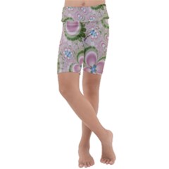 Pastel Pink Abstract Floral Print Pattern Kids  Lightweight Velour Cropped Yoga Leggings