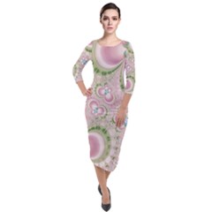 Pastel Pink Abstract Floral Print Pattern Quarter Sleeve Midi Velour Bodycon Dress