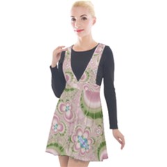 Pastel Pink Abstract Floral Print Pattern Plunge Pinafore Velour Dress