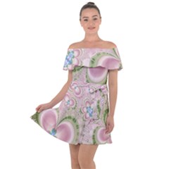 Pastel Pink Abstract Floral Print Pattern Off Shoulder Velour Dress