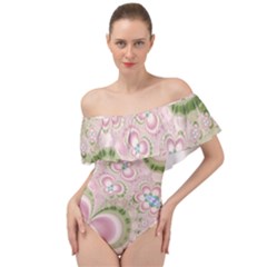 Pastel Pink Abstract Floral Print Pattern Off Shoulder Velour Bodysuit 