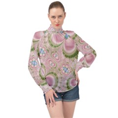 Pastel Pink Abstract Floral Print Pattern High Neck Long Sleeve Chiffon Top