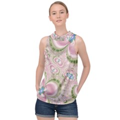 Pastel Pink Abstract Floral Print Pattern High Neck Satin Top by SpinnyChairDesigns