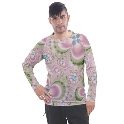 Pastel Pink Abstract Floral Print Pattern Men s Pique Long Sleeve Tee by SpinnyChairDesigns