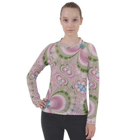 Pastel Pink Abstract Floral Print Pattern Women s Pique Long Sleeve Tee by SpinnyChairDesigns