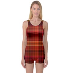 Red Brown Orange Plaid Pattern One Piece Boyleg Swimsuit