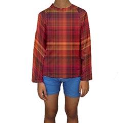 Red Brown Orange Plaid Pattern Kids  Long Sleeve Swimwear