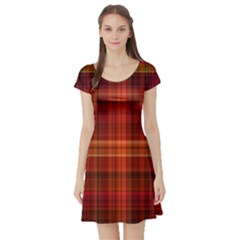 Red Brown Orange Plaid Pattern Short Sleeve Skater Dress