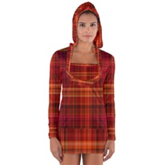 Red Brown Orange Plaid Pattern Long Sleeve Hooded T-shirt