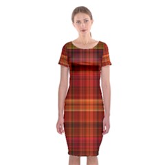 Red Brown Orange Plaid Pattern Classic Short Sleeve Midi Dress