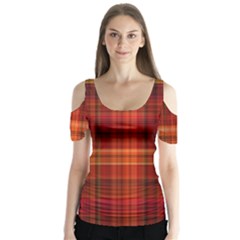 Red Brown Orange Plaid Pattern Butterfly Sleeve Cutout Tee 