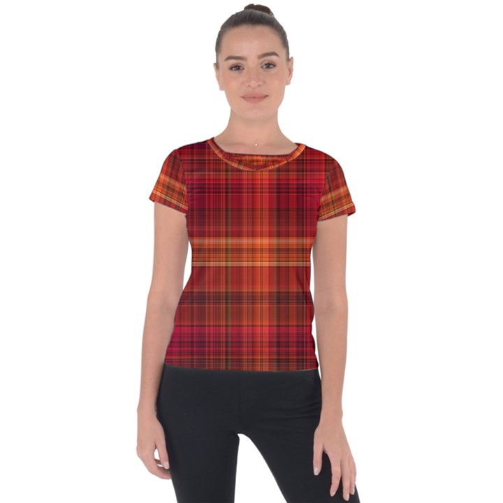 Red Brown Orange Plaid Pattern Short Sleeve Sports Top 