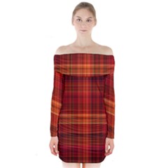 Red Brown Orange Plaid Pattern Long Sleeve Off Shoulder Dress by SpinnyChairDesigns