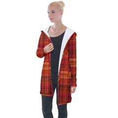 Red Brown Orange Plaid Pattern Longline Hooded Cardigan by SpinnyChairDesigns