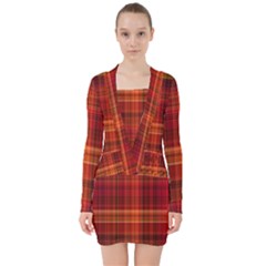 Red Brown Orange Plaid Pattern V-neck Bodycon Long Sleeve Dress