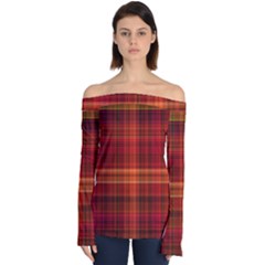 Red Brown Orange Plaid Pattern Off Shoulder Long Sleeve Top