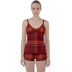 Red Brown Orange Plaid Pattern Tie Front Two Piece Tankini