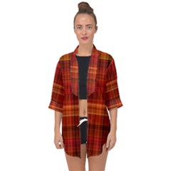 Red Brown Orange Plaid Pattern Open Front Chiffon Kimono