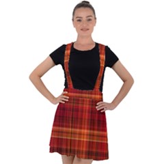 Red Brown Orange Plaid Pattern Velvet Suspender Skater Skirt by SpinnyChairDesigns