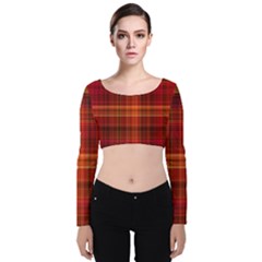 Red Brown Orange Plaid Pattern Velvet Long Sleeve Crop Top by SpinnyChairDesigns