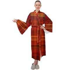 Red Brown Orange Plaid Pattern Maxi Velour Kimono