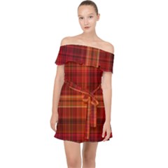 Red Brown Orange Plaid Pattern Off Shoulder Chiffon Dress